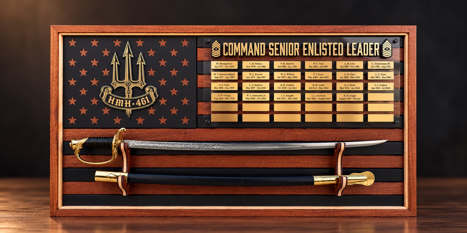 Studio view of the Command Senior Enlisted Leader plaque with a sword display, unit emblem and name plates