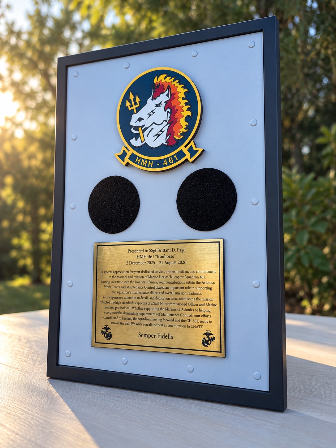HMH-461 farewell plaque with two black Velcro circles for unit patches